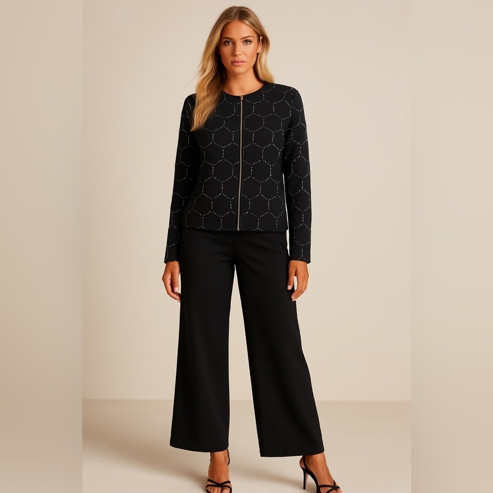 Chico's Beaded Black Bomber Jacket Holiday Festive Cocktail Party Size Large (2)